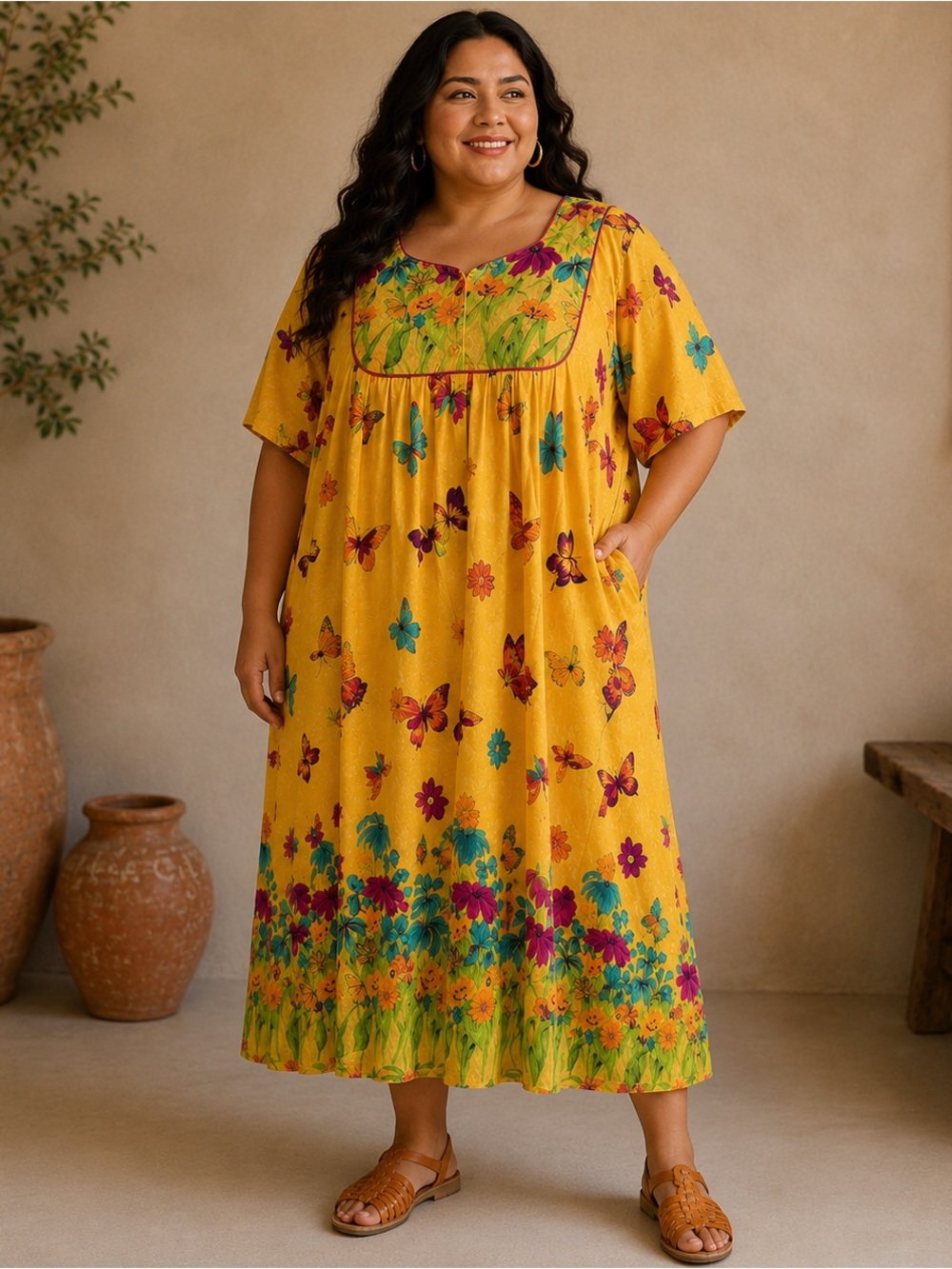 90s Cottagecore Yellow Floral Butterflies Midi House Dress